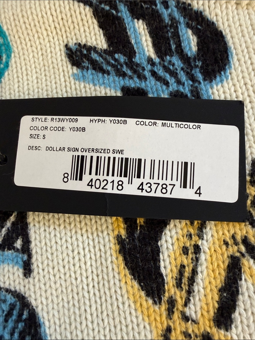 R13 White Crewneck Sweater with Multicolor Dollar Sign Motif - Picture 4 of 4